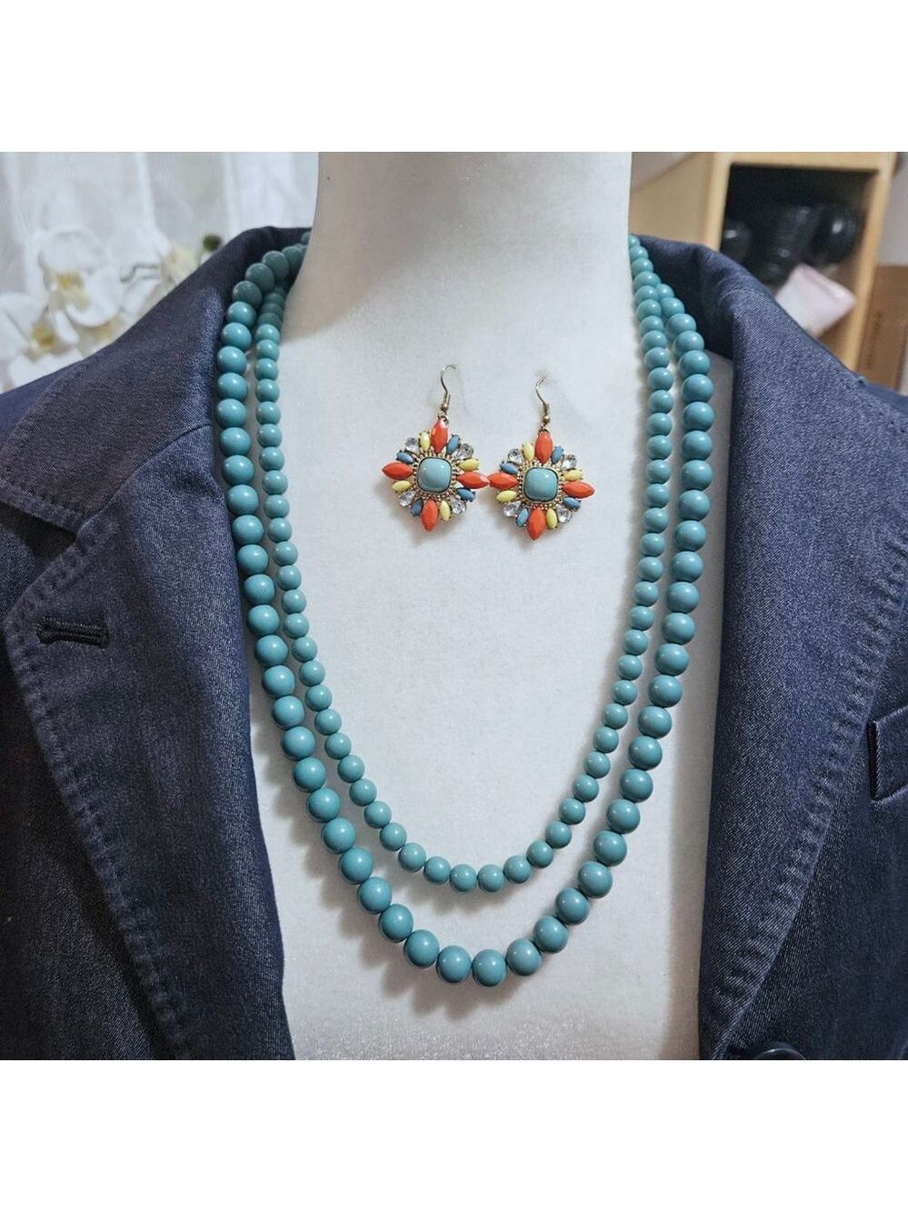 Turquoise/Multicolor Boho Retro Trendy Necklace Earring Set